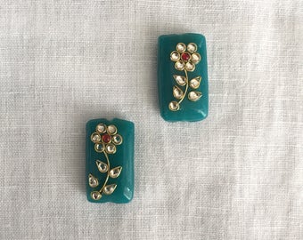 Indian Teal Kundan Glass Buttons Beads,Floral Beads Rajasthan Traditional Handmade Buttons,Sewing Jewellery Rectangle Beads,2X3.5cm,2 pcs
