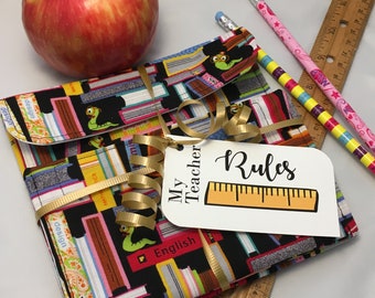 Bookworm Reusable Sandwich Bag, Reusable Snack Bag - Teacher Gift!