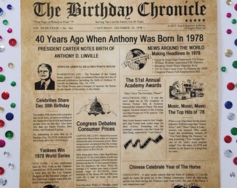 40th Birthday Gifts, Personalized, Headline News Print, Time Capsule, Newsletter Style, 1978 Birthday Gift, Chronicle, 40th Milestone Gifts