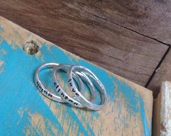 New skinny personalized stackable stacking rings fine silver stackers tiny font hand stamped sterling jewelry stack as many as you want