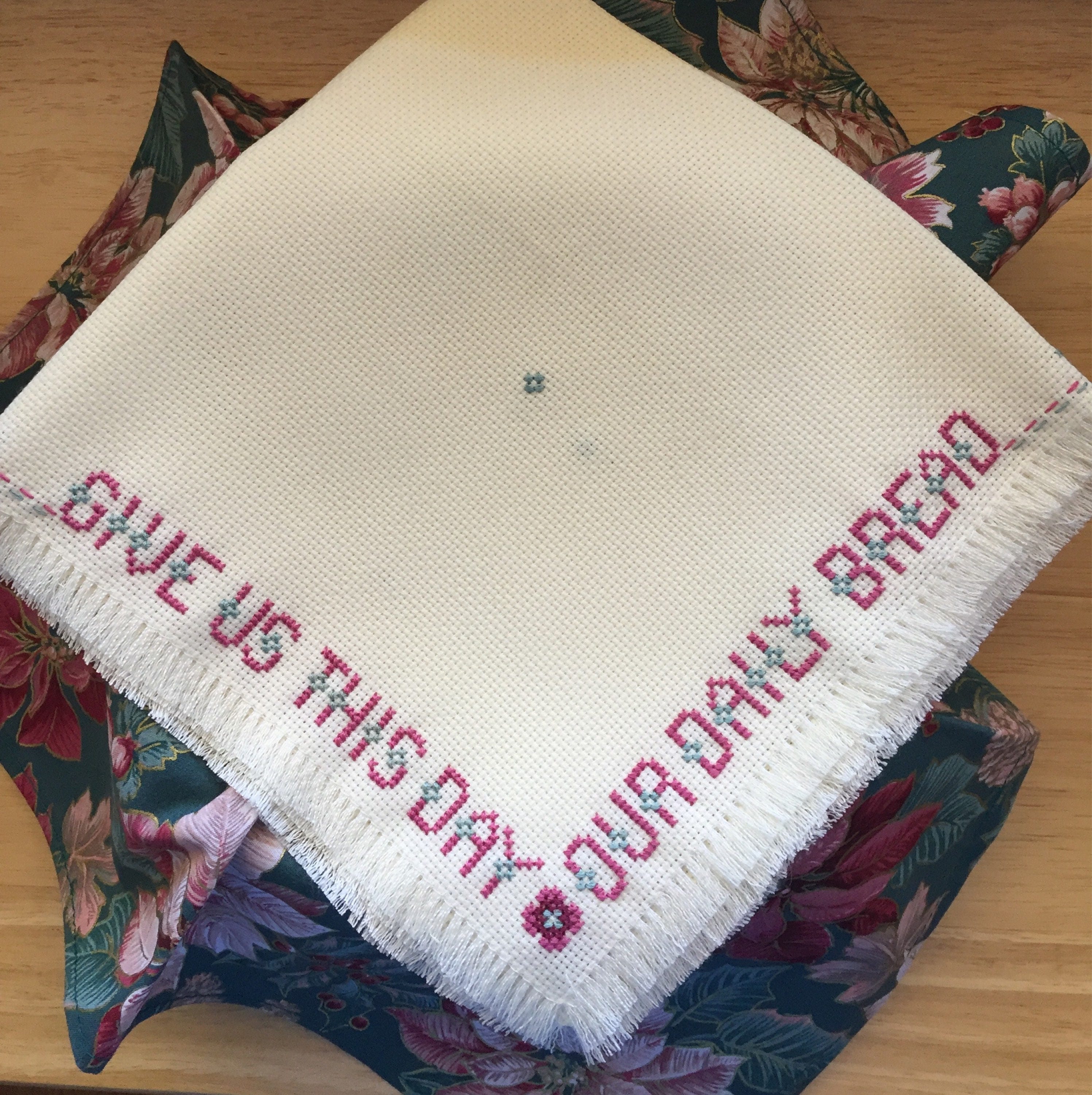 Cross Stitch Bread Basket Ivory Cloth with Pink Poinsettia