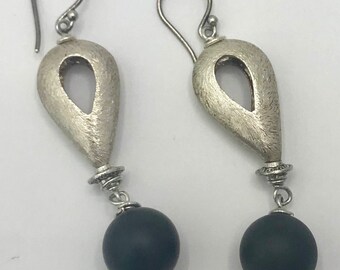 Silver Colored Tear Drop with Matte Onyx Bead
