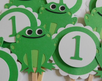 1st Birthday Frog Cupcake Toppers - Green and White - Gender Neutral - Birthday Party Decorations - Set of 12
