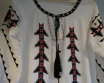 Boho Style Romanian Blouse/Combined Machine and Handmade Embroidery with Beads Applications/White Cotton Peasant Romanian Blouse