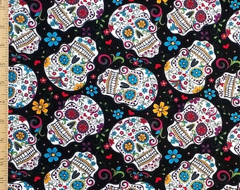 Sugar Skull Fabric, The Day of the Dead Fabric, Dia De Los Muertos Sugar Skulls Print Fabric, 100% Cotton Fabric by the Yard