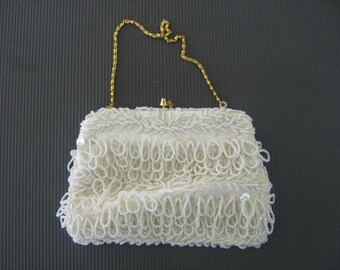 White beaded satin evening bag