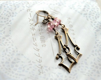 Pink Earrings Antiqued Brass and Czech Glass