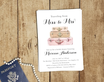 Traveling from Miss to Mrs Theme Bridal Shower Invitations - Luggage Wanderlust White, Blush Pink - FREE CUSTOM COLORS - Printed Invites