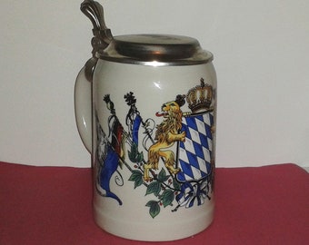 KMW Krauss-Maffei Wegmann German Beer Stein Tankard Stoneware w/ Zinn Lid