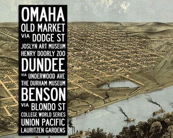 Large Vintage OMAHA BUS SCROLL - Subway Art, Tram Scroll - Hand painted and distressed on artist canvas, ready to hang 22" x 59"