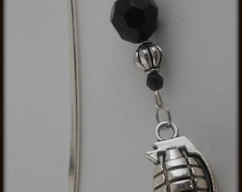 Silver Toned Bookmark with Beads and Hand Grenade Charm