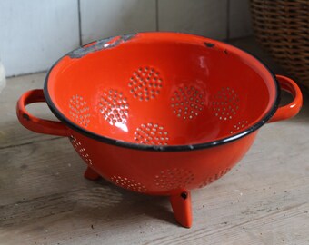 Vintage Red Enamel Colander - French Rustic Decor
