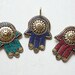 Mosaic Hamsa pendant on brass with a choice of red coral, turquoise or lapis chips, ONE large Hamsa pendant from Nepal, mosaic pendant - ONE