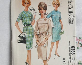 Vintage dress pattern, McCalls 6388, semi-fitted dress, size bust 36 inches, 1960s