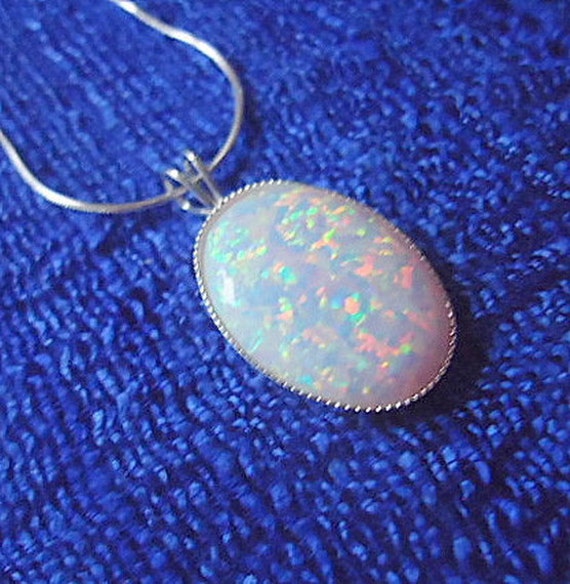 White opal pendant necklace sterling silver october birthstone