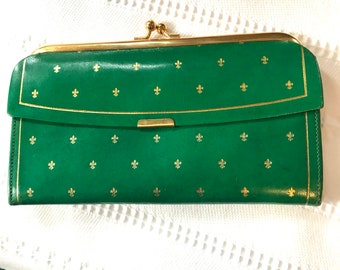 Vintage Italian Made Fleur de Lis Gold Embossed Deep Green Ladies Wallet