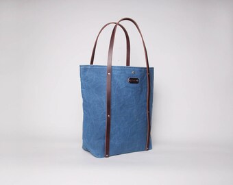 Waxed Canvas & Leather Tote Bag | Waxed Canvas Tote | Blue Waxed Canvas Tote Bag