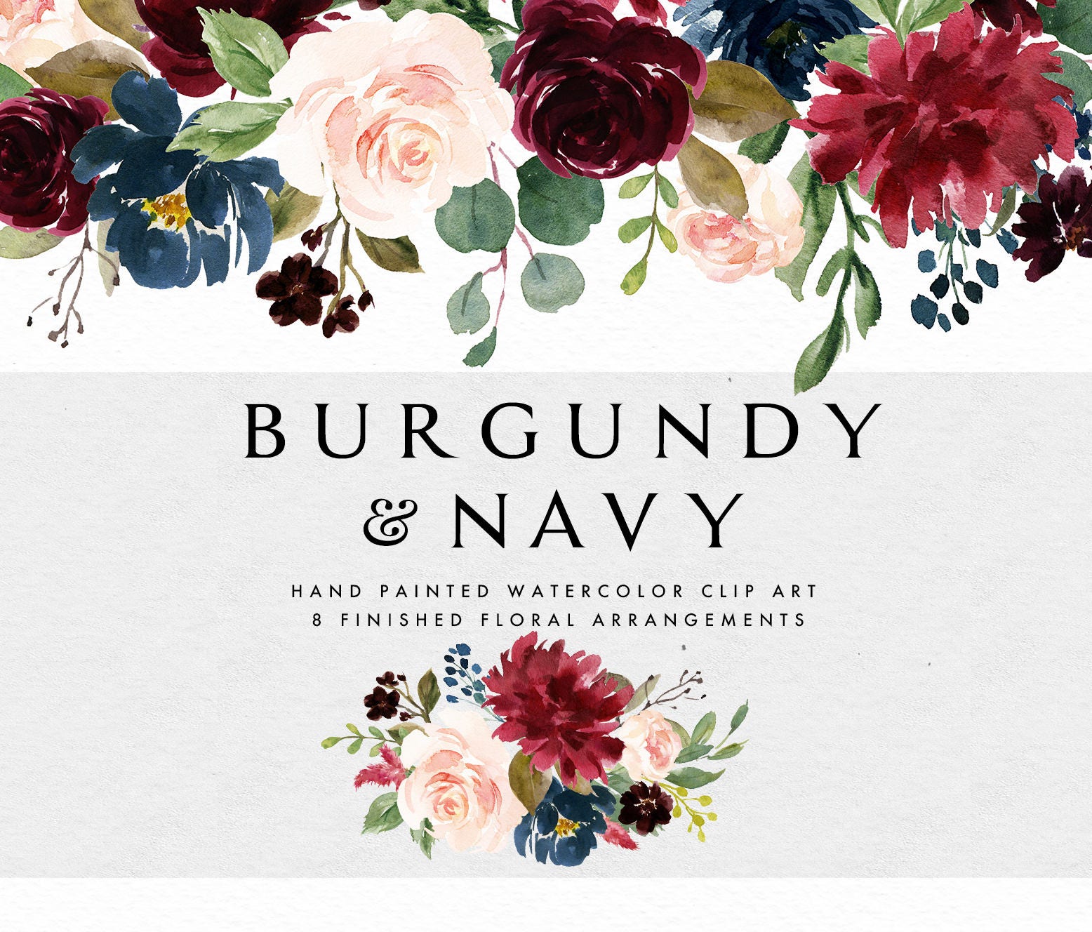 Download Watercolor floral Clip Art-Burgundy&Navy/Individual PNG