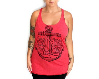 L or XL -Tri-Blend Red Racerback Tank with Sailor Anchor Screen Print