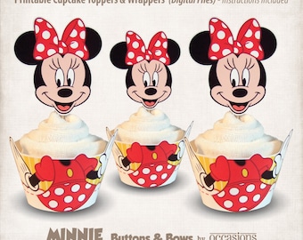 INSTANT DOWNLOAD, Printable Minnie Mouse Cupcake Toppers & Wrappers, Digital File, Minnie's Bowtique, Buttons and Bows, Red, Yellow