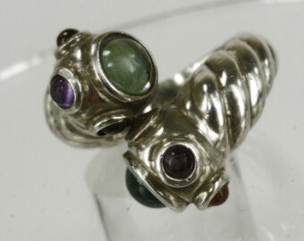 Size 10 Ring : Vintage Sterling 925 Silver Snake Bypass Wrap Around Ring W/ Cabochons (99.09 EE)