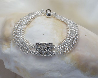 Bracelet: Marcasite Connector on Argentium Silver European 4-in-1 weave
