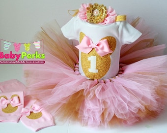 pink and gold first birthday outfit, first birthday outfit, first birthday girl outfit, pink birthday tutu, pink tutu, minnie mouse outfit