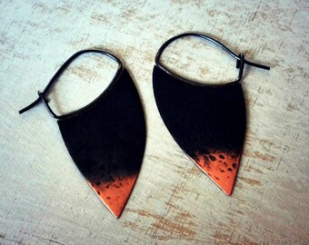 Rustic copper earrings, boho earrings, hoop earrings, blade hoops, ombre oxidized, sterling silver - Blade
