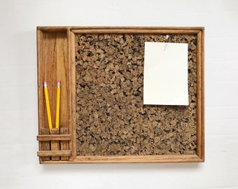 Vintage Wall Cork Note Board - Message Board with Pocket Shelf - Wood - Rustic - Industrial - Organic - Natural - Dark Wood - Office Decor