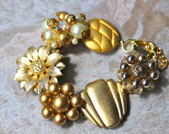 Wedding Bracelet, Bridesmaid Gift, Vintage Earring Bracelet, Cluster, Gold, Flower, Pearl, Jennifer Jones, Under 40, OOAK - Wedding Day