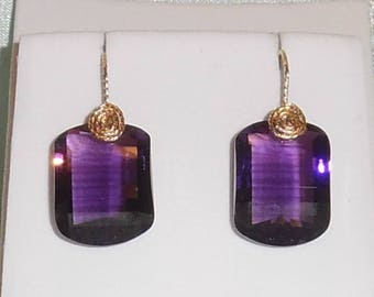 Natural 37cts Fancy Purple Amethyst gemstones, 14kt yellow gold Pierced Earrings