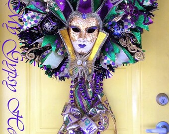 Mardi Gras Wreath, Fat Tuesday Wreath, Venetian Princess Jester Wreath, Mardi Gras Decor, Lady Jester Mardi Gras Wreath, Front Door Wreath