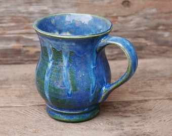 12 oz Mug, Ocean Blue Green Drip Mug, curved Etched base, Blue Green, Natural Patina High Fire Stoneware, Hand Painted, Ready To Ship