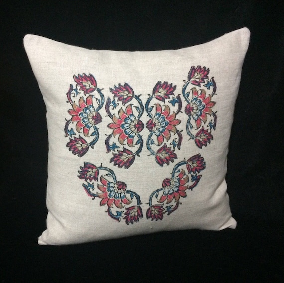 linen pillow cover | with traditional block printed flower design | heart shaped | linen pillowcase 18"x18" | linen pillowcase | Irish craft