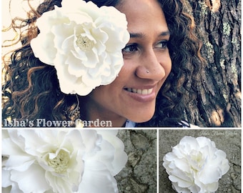 White peony hair flower clip, realistic peony, peony hair flower