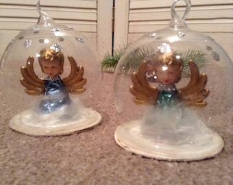 Vintage West German Blown Clear Glass Angel Diorama Christmas Ornaments