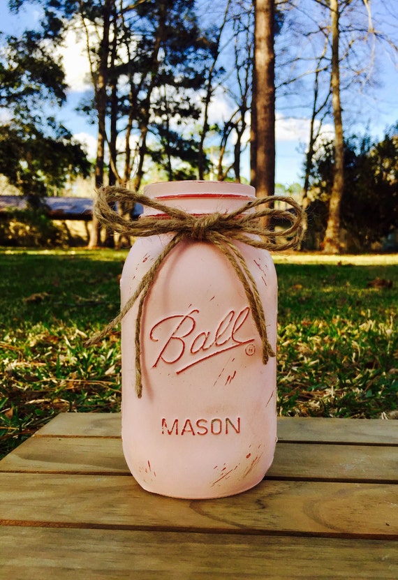 Large/Quart Distressed Pink Mason Jars set of 6 with Jute