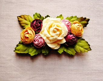 Buttercream yellow plum bon bon pink Handmade Roses Vintage style Millinery flower corsage