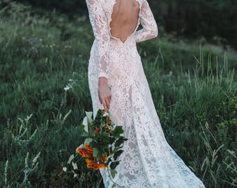 Bohemian wedding dress, Boho wedding dress, Sexy wedding dress, Long sleeve lace wedding dress, backless wedding dress, 2018 // 0080
