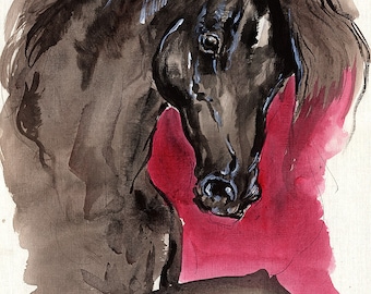 Black horse, equine art, equestrian, original acrylic painting on paper