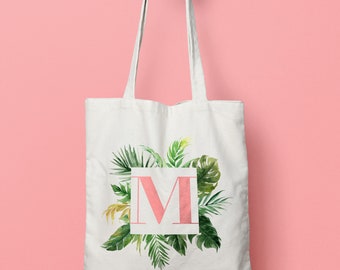 Personalised initial tropical leaves tote bag - bridesmaid gifts - wedding party gifts - bridal tote bags