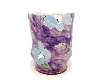 Purple Puffy Floral Earthenware Tumbler. Wheel thrown and altered, food safe cup, made by Kaitlyn Brennan/ Brennan pottery