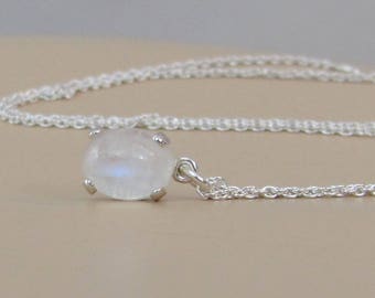 Natural Moonstone Necklace, Rainbow Moonstone Pendant, Sterling Silver, Moonstone Jewelry, 9x7mm Moonstone Gemstone, Mothers Day Gift