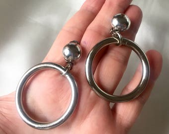 70s Modernist Silver Tube Hoops Clip On Earrings ,Clip On Pipe Hoops,Polished Tube Hoops,Statement Earrings,Clips with Hoop Dangles,NOS