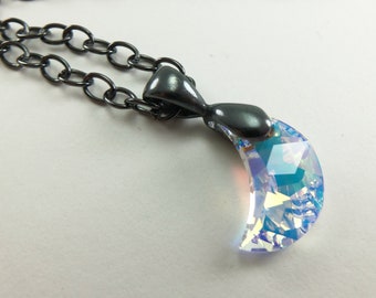 Crystal Moon Necklace Celestial Necklace Crescent Moon Jewelry Clear Crystal Dark Silver Necklace