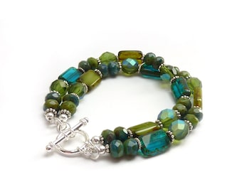 Blue & Green Boho Multistrand Bracelet - Picasso Glass Rectangle Beads - Silver Toggle Clasp - Layering Stacking Bracelet