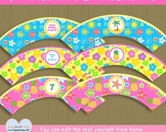 Hawaiian theme party Cupcake Wrappers - fun tropical luau party printable cupcake wraps - INSTANT DOWNLOAD #P-22 - with editable text