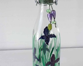 Hand Painted Glass Bottle - Great for Olive Oil- Vinegar - Soap Dispenser - Home Decor