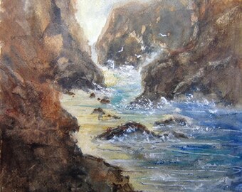 Rocky Shore, Archival Print, seascape painting, watercolor art, nautical print, beach art, beach painting, beach watercolor, misty shoreline