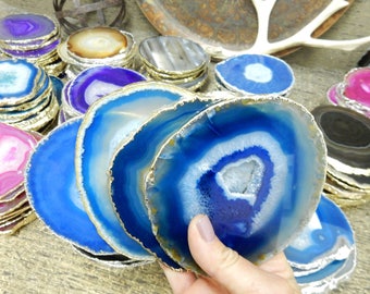 Agate Coaster Blue with Electroplated Gold Edge - Agate Coaster Slices - You choose 1, 4, 6, 8 Quantity (OB4B8)